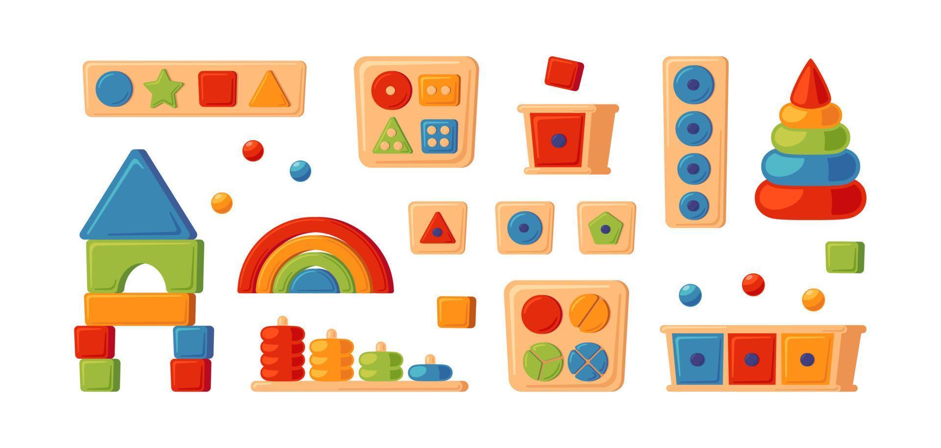 Montessori education logic toys. Children wooden toys for preschool kids. Montessori system for early childhood development. Multicolored sorters. Set of vector illustrations on white background