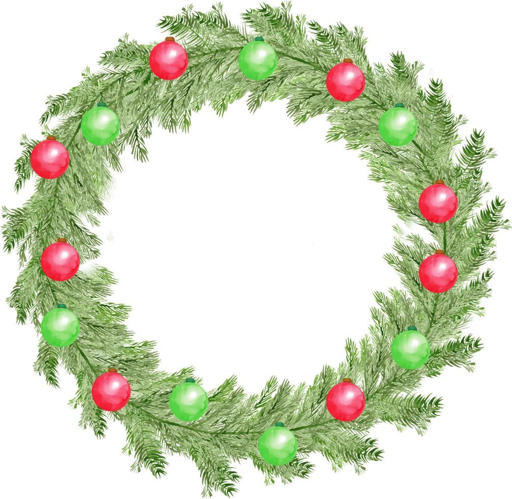 corona de pino de navidad acuarela tradicional con bolas rojas y verdes vector