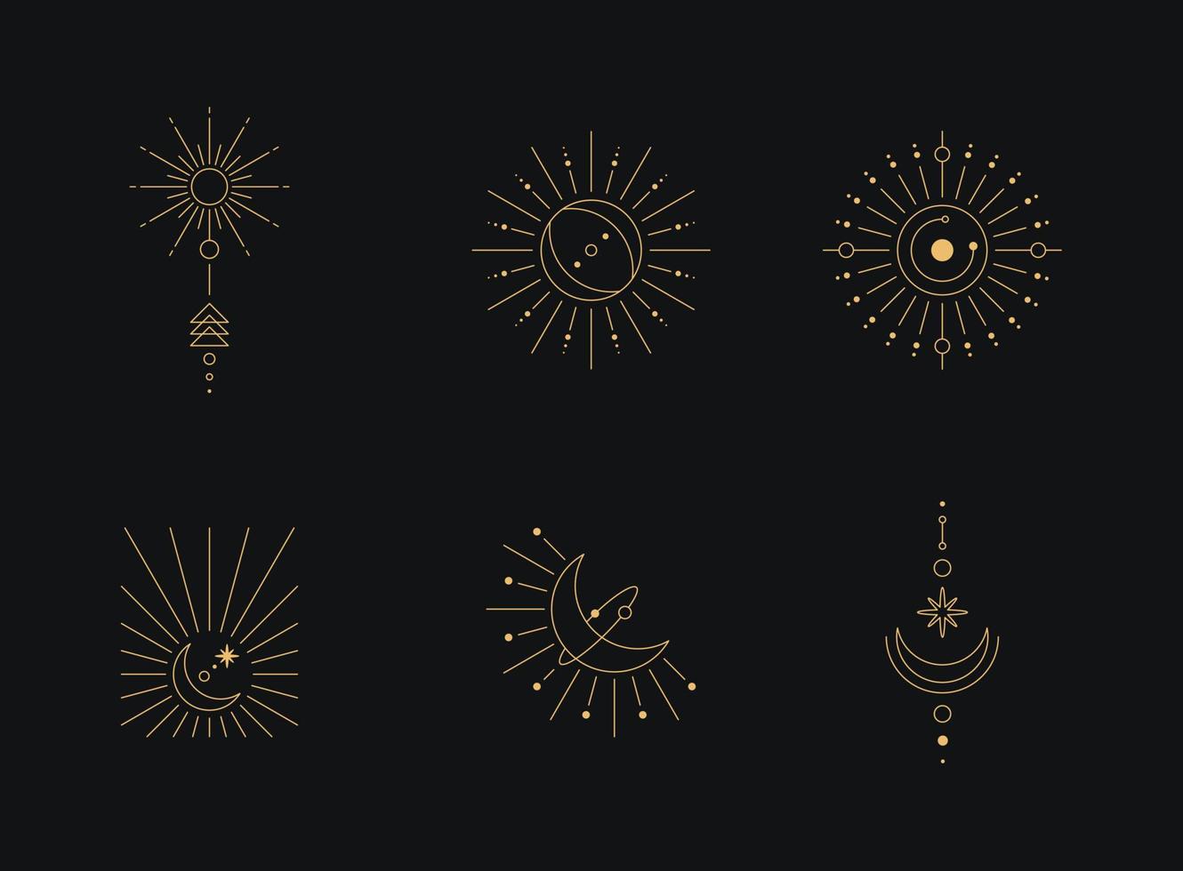 Set of moon and sun line art. Minimal boho linear symbols. Celestial mystic element. Vector line art illustration.