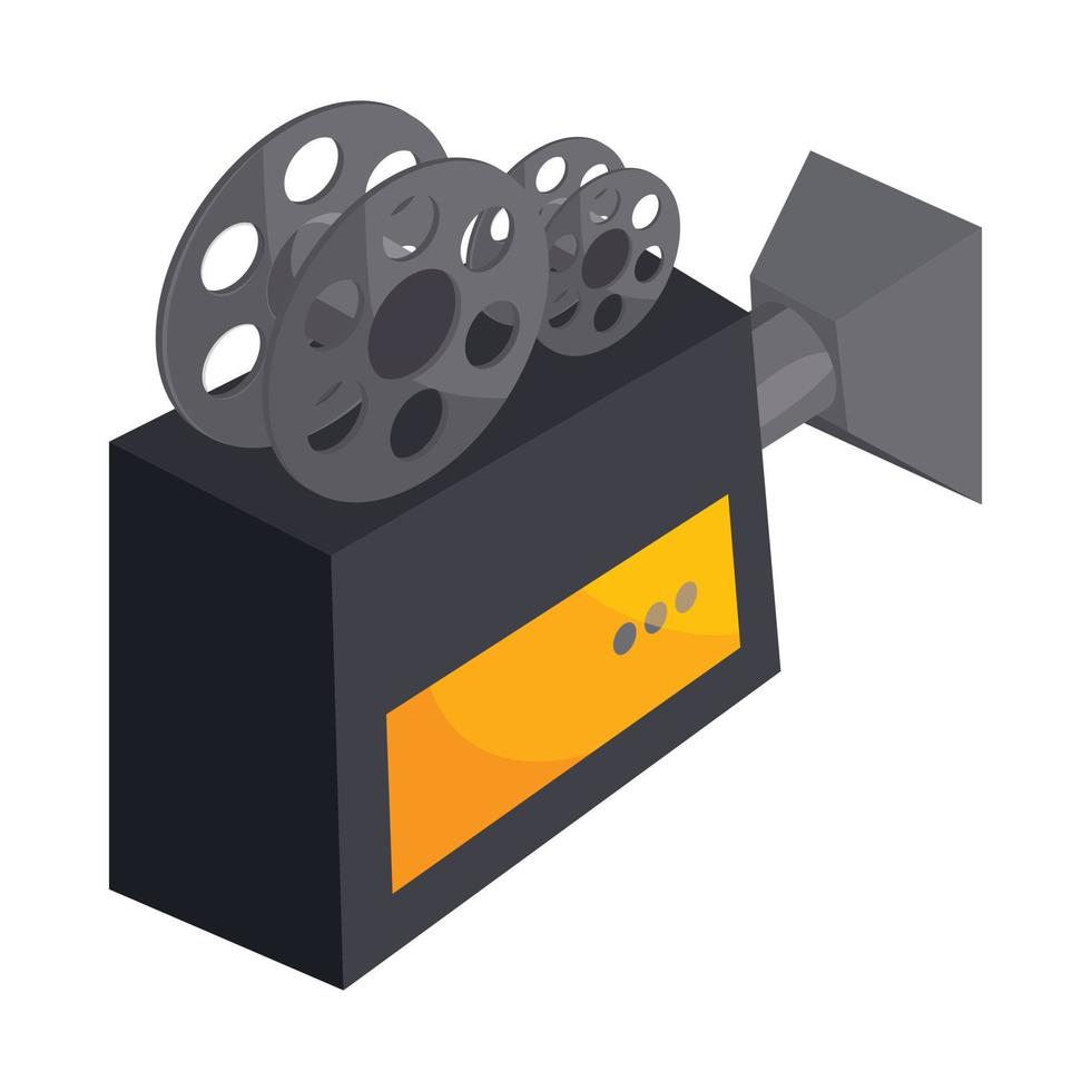 cámara de película antigua con icono de carrete, estilo de dibujos animados vector