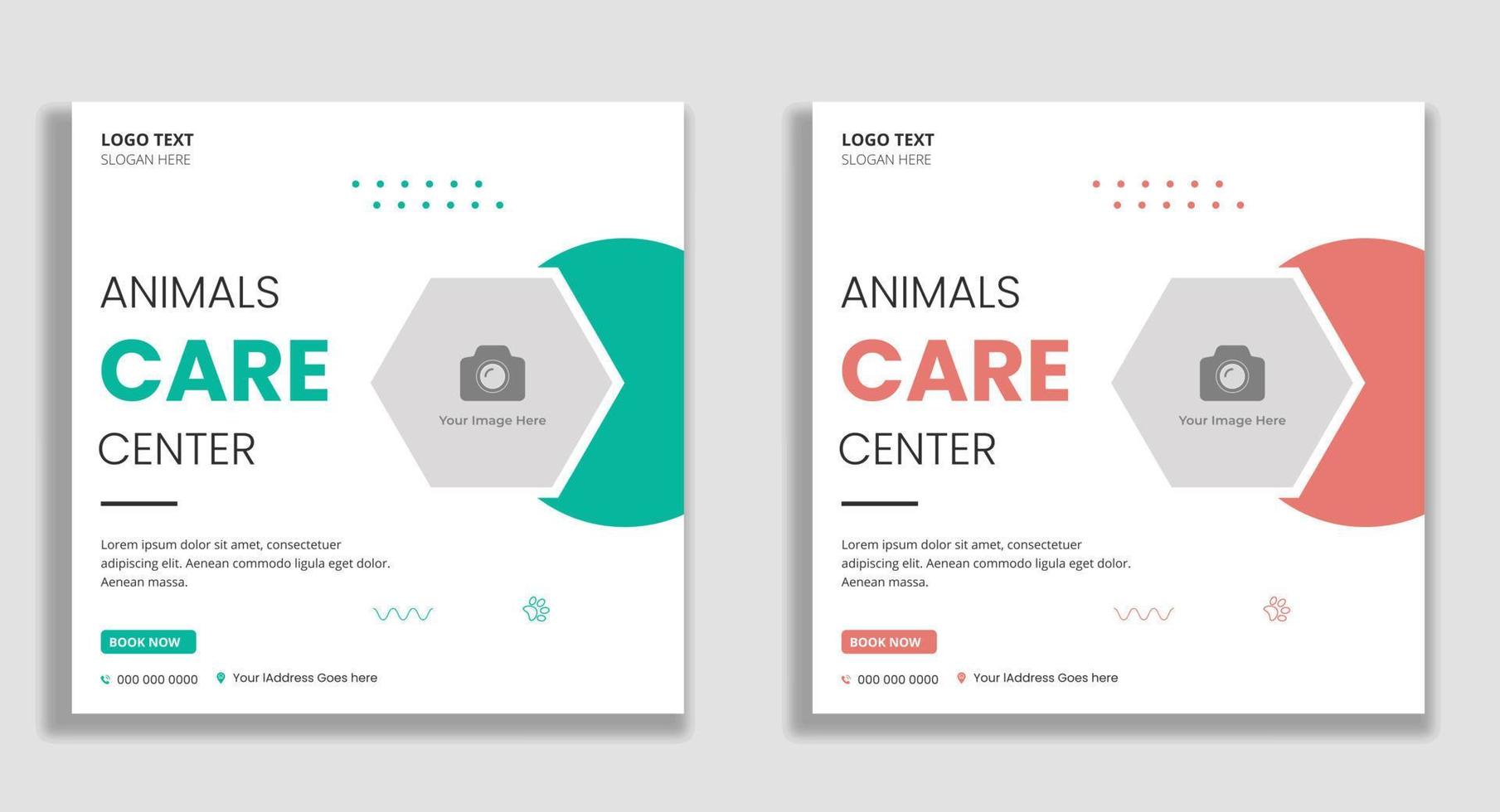 Animal care center social media post and web banner template vector