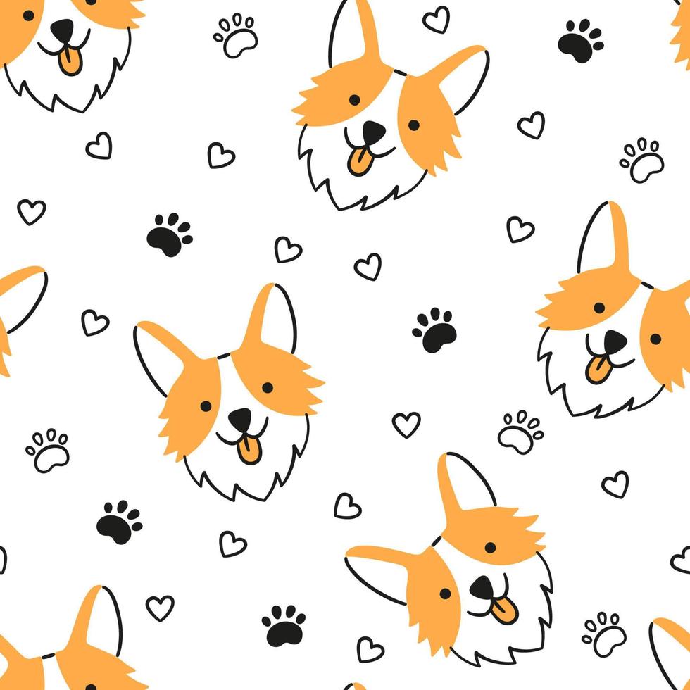 Dogs seamless pattern with face of Corgi. Texture with dog heads. Hand drawn vector illustration in doodle style on white background