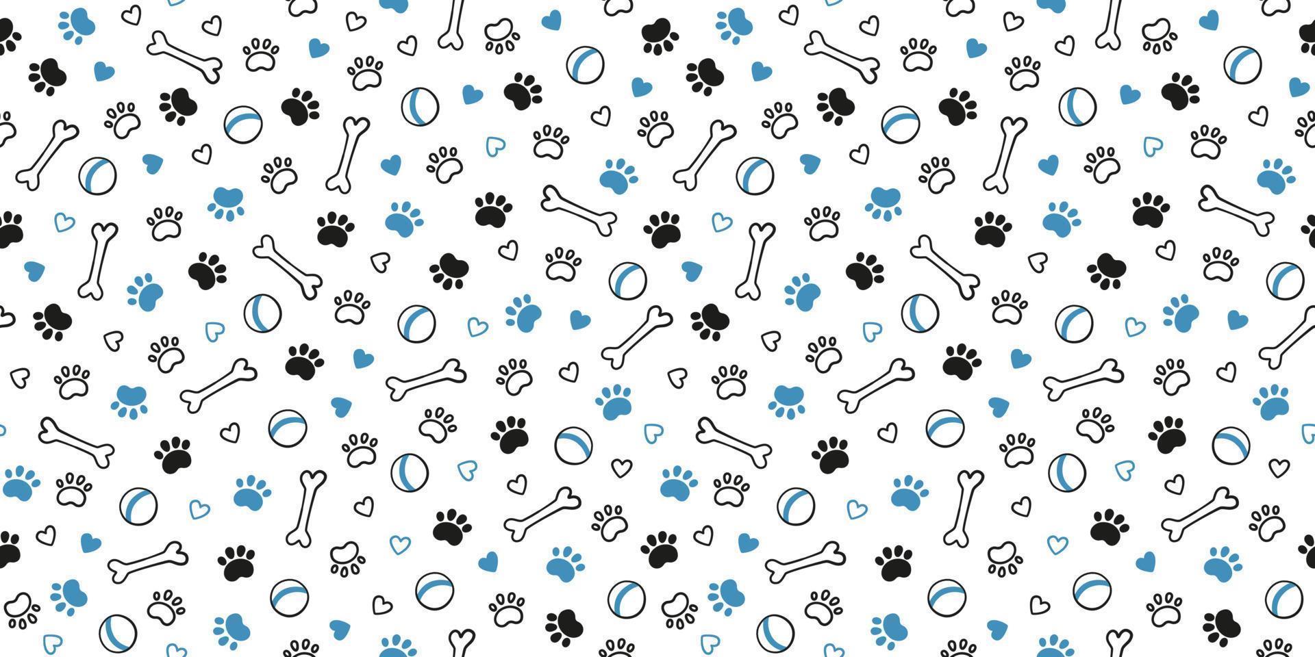 Seamless dog pattern with paw prints, bones, hearts and balls. Cat foot texture. Pattern with doggy pawprint and bones. Dog texture. Hand drawn vector illustration in doodle style on white background