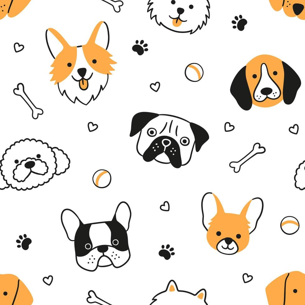 Dogs seamless pattern with face of different breeds. Corgi, Beagle, Chihuahua, Poodle. Texture with dog heads. Hand drawn vector illustration in doodle style on white backgroun