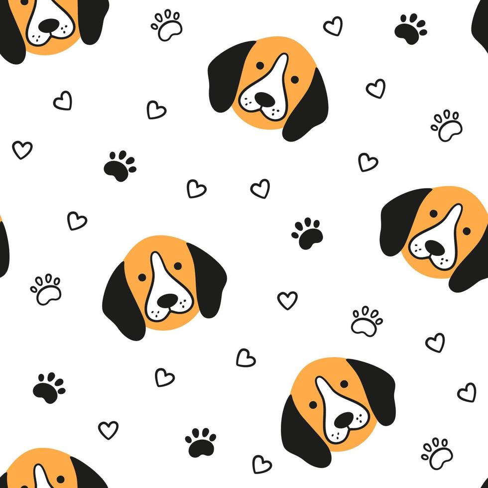 Dogs seamless pattern with face of Beagle. Texture with dog heads. Hand drawn vector illustration in doodle style on white background