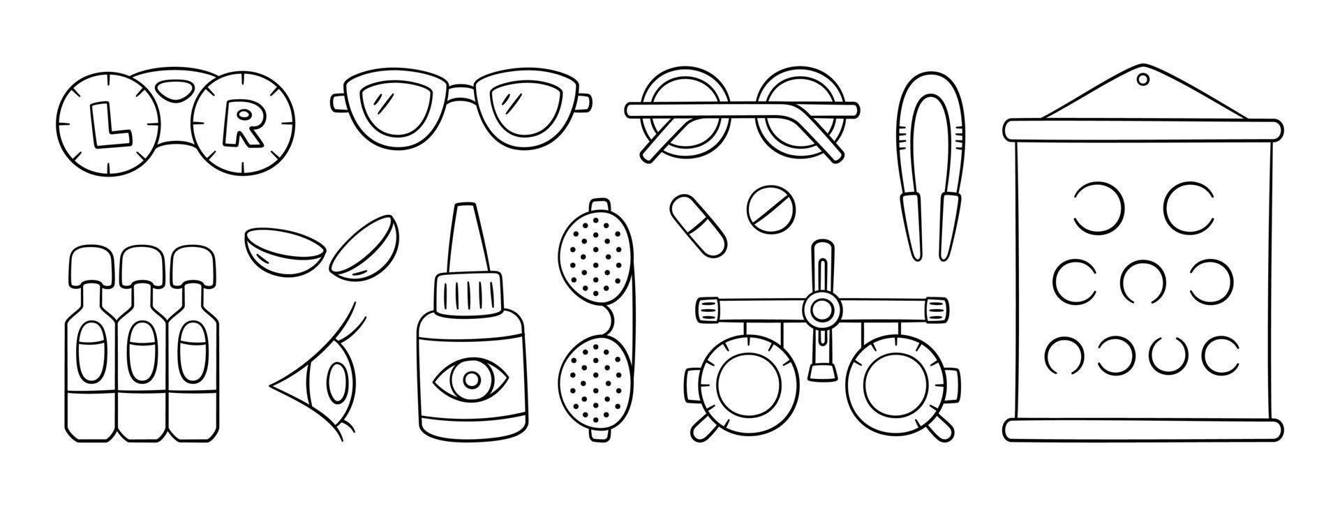 oftalmología, conjunto de iconos dibujados a mano de optometría. gráfico de prueba de visión, lentes de contacto, gotas y anteojos en forma de garabato. objetos de doodle de optometría. Ilustración vectorial sobre fondo blanco vector