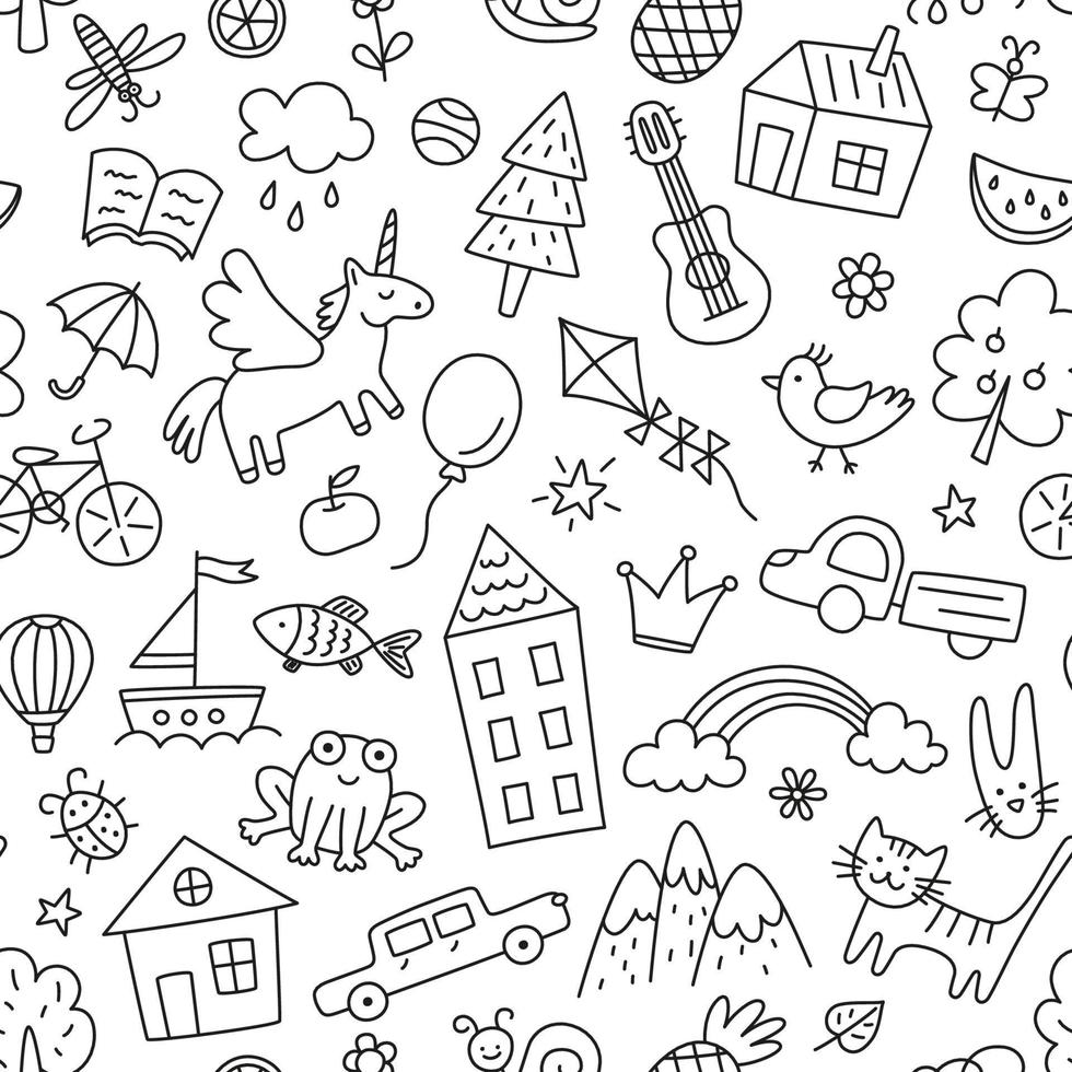 Children drawings seamless pattern. Kids doodle texture. Hand drawn cute house, cat, frog, unicorn. Baby seamless pattern. Editable stroke. Vector illustration on white background