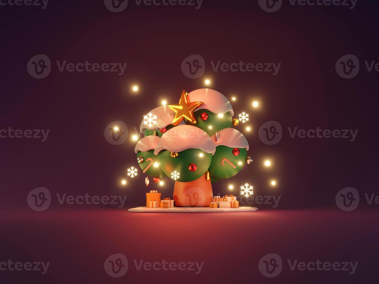 3D Rendering concept of gift box Christmas tree and shiny star on dark background. 3d render cartoon style. photo