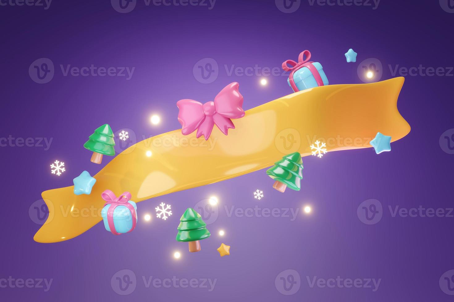 3D Rendering gift big ribbon space for text and cute Xmas elements concept of Christmas background for commercial. 3d render cartoon style. photo