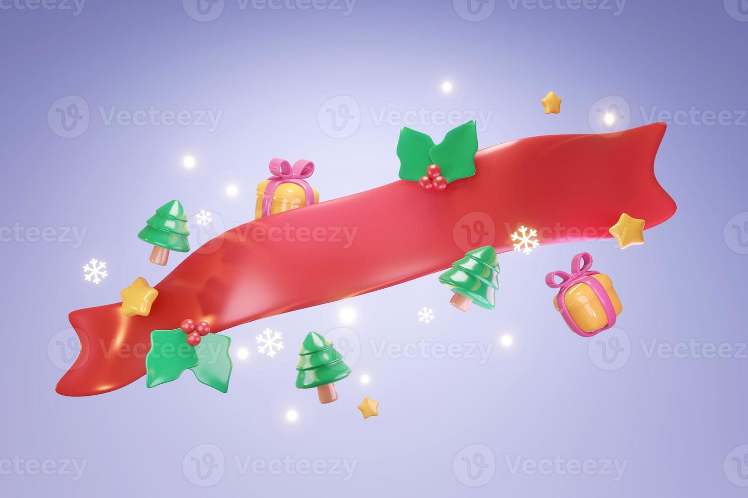 3D Rendering gift big ribbon space for text and cute Xmas elements concept of Christmas background for commercial. 3d render cartoon style. photo