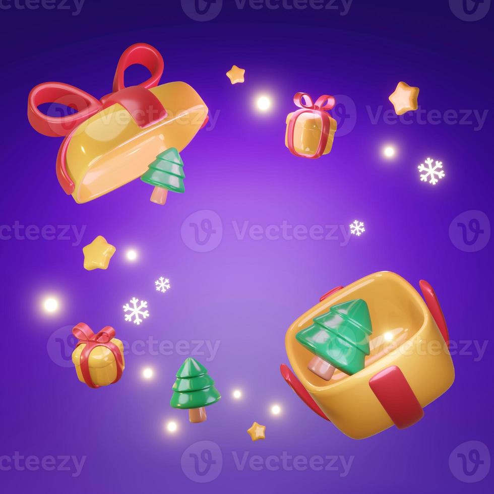 3D Rendering gift box open with blank space for text and cute Xmas elements concept of Christmas background for commercial. 3d render cartoon style. photo
