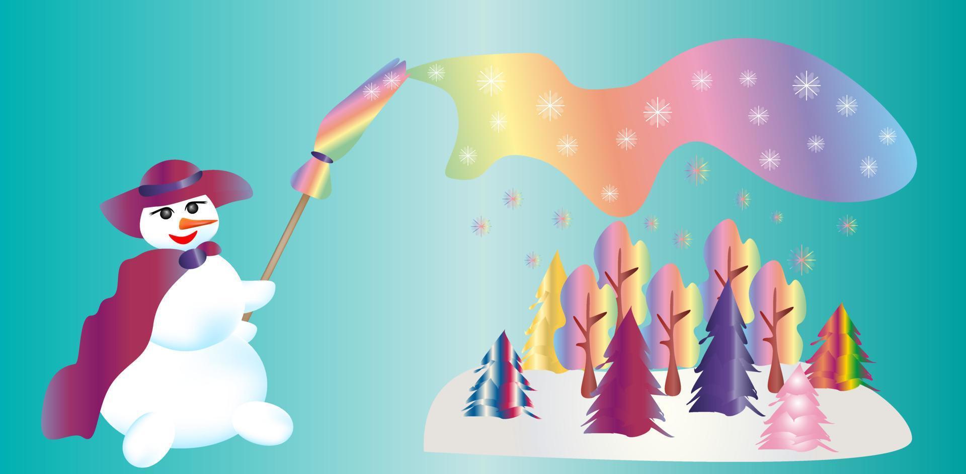 muñeco de nieve mágico pinta un bosque de colores brillantes vector