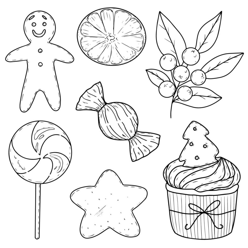 Set of Christmas sweets . Collection of vector doodles