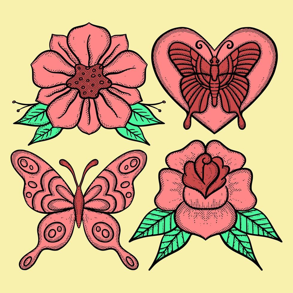 conjunto de colección ilustración de flores y mariposas boceto dibujado a mano para tatuajes, pegatinas, logotipo, etc. vector