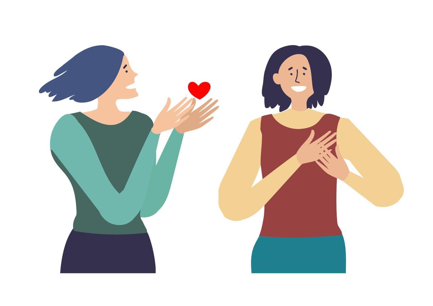 Valentines day. A woman gives another woman a heart with a confession of her feelings. vector