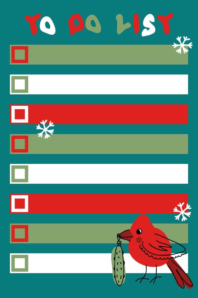 To do list template with red cardinal bird and snowflakes. vector