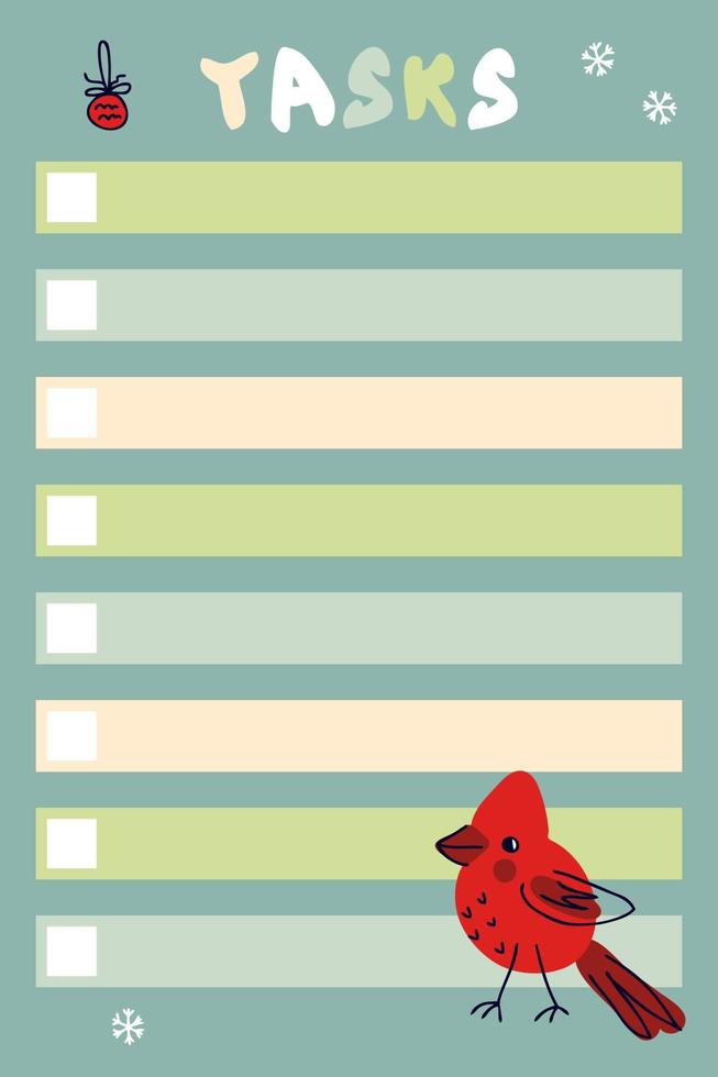 Tasks list template with red cardinal bird and snowflakes. vector