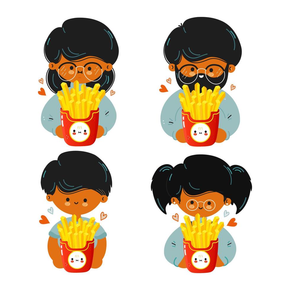 Cute funny family hold french fries in hand. Family hugs cute french fries. Isolated on white background vector