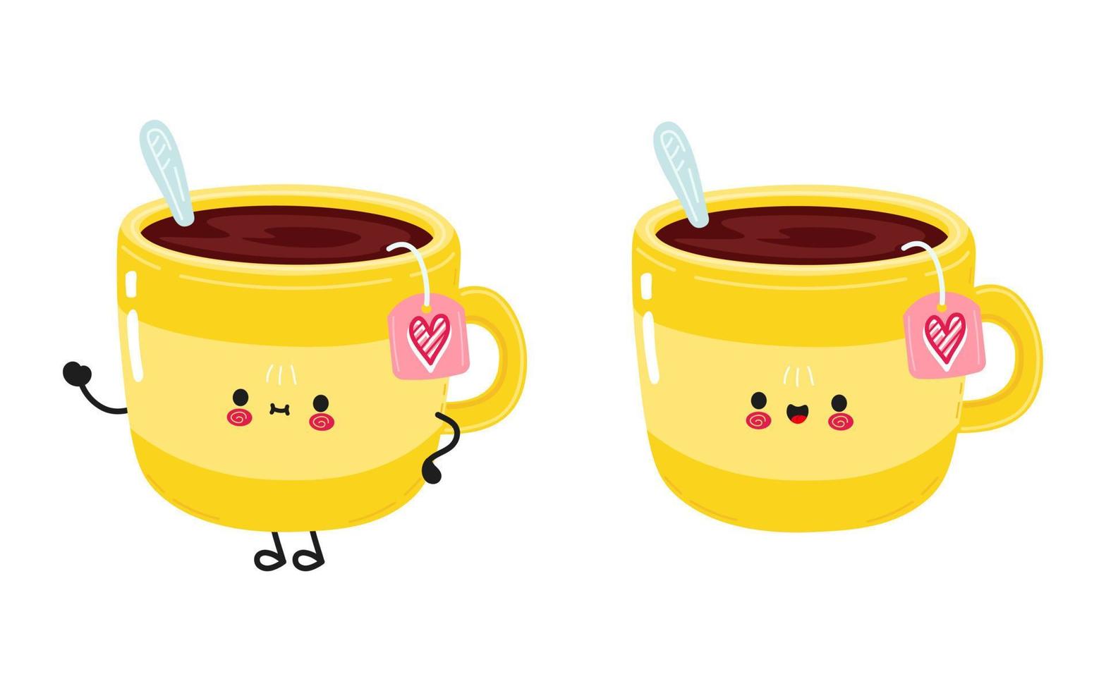 linda y divertida taza de té amarilla que agita el personaje de la mano. icono de ilustración de personaje kawaii de dibujos animados dibujados a mano vectorial. aislado sobre fondo blanco. concepto de personaje de taza de té amarillo vector