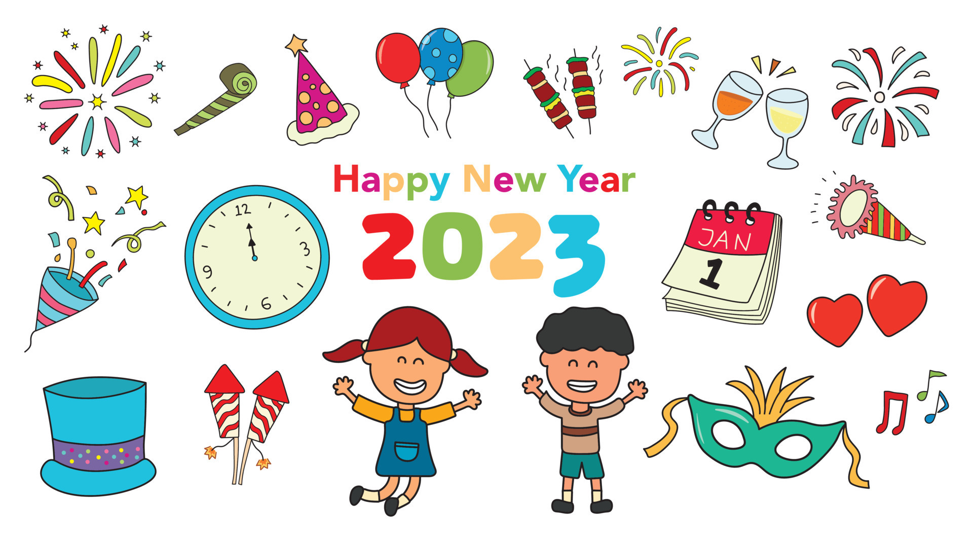 Kids drawing vector Illustration set of Happy New Year 2023 in a cartoon  style 14435193 Vector Art at Vecteezy