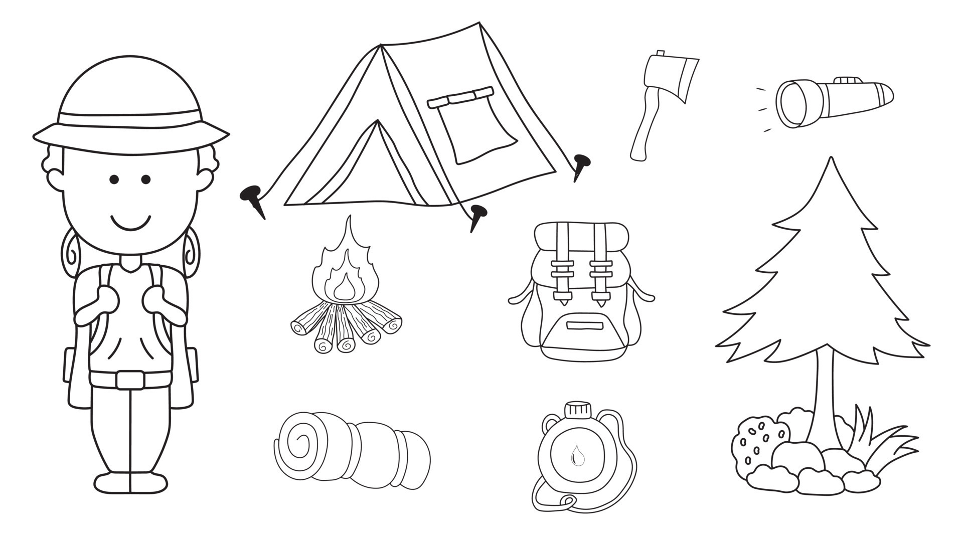 Hand drawn Set of camping supplies. Cute little kid is camping into the