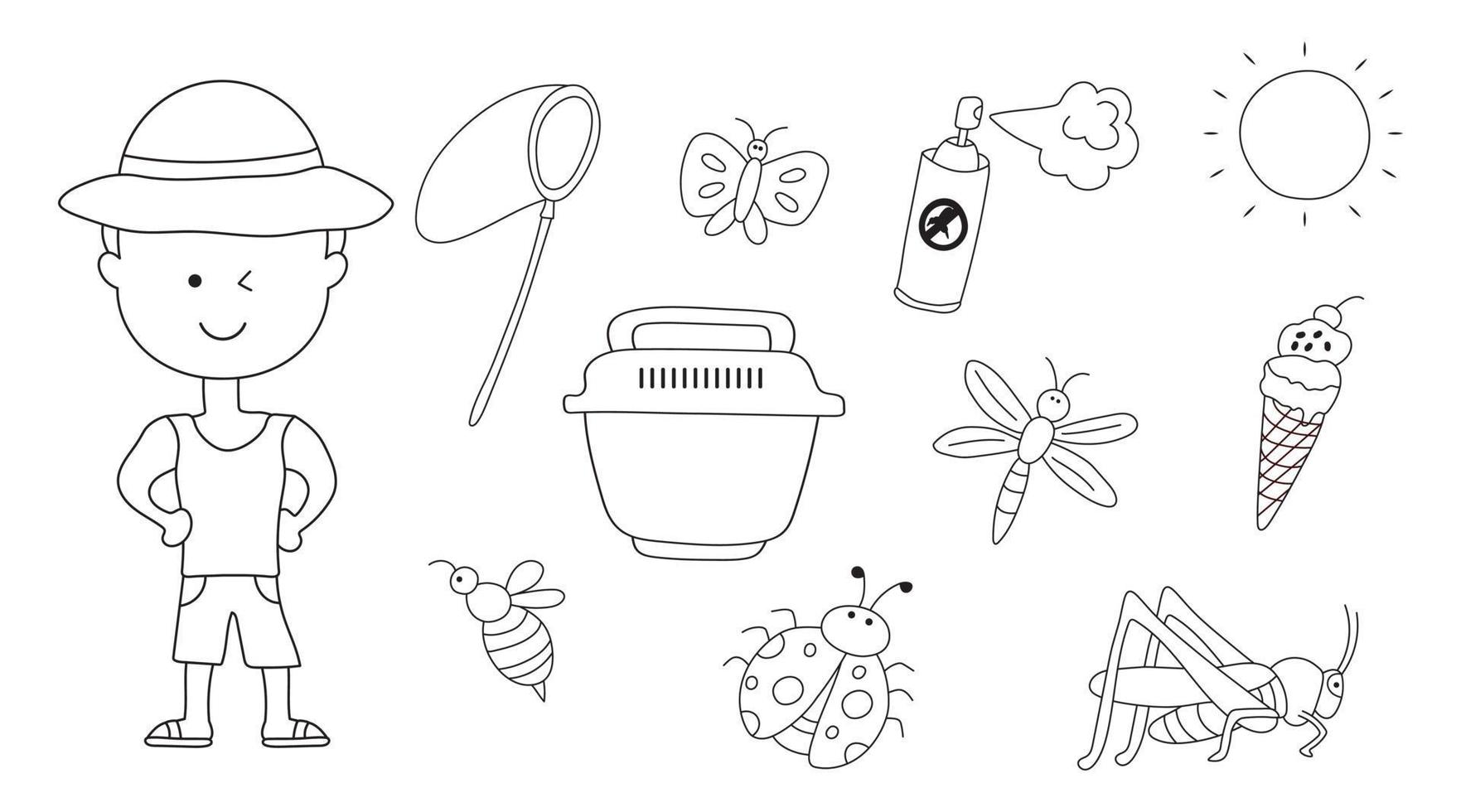 hand drawn happy kids catching bugs. vector