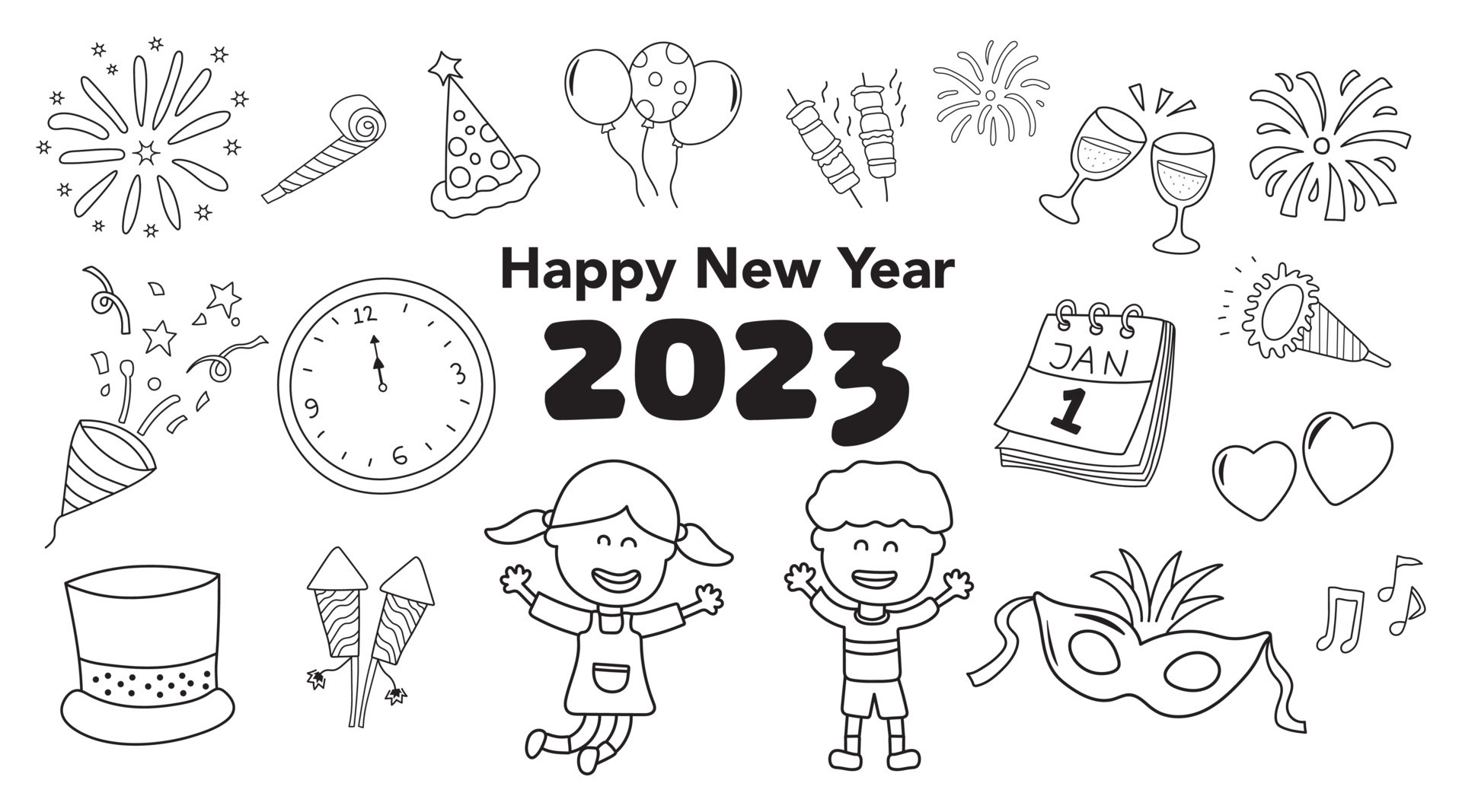 Hand drawn Kids drawing vector Illustration set of Happy New Year 2023 in a  cartoon style 14435199 Vector Art at Vecteezy