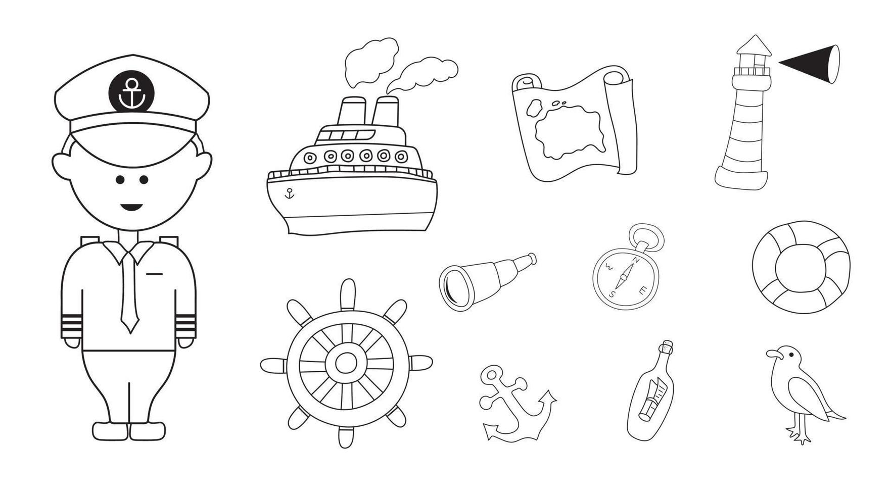 Hand drawn color children sailor set with all sailor equipment and tools. Cute ship captain boat lighthouse sea and ocean sailing tools. vector