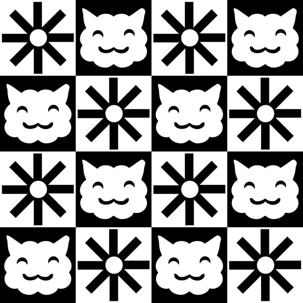 Checkered seamless pattern with happy cats faces and sun. vector
