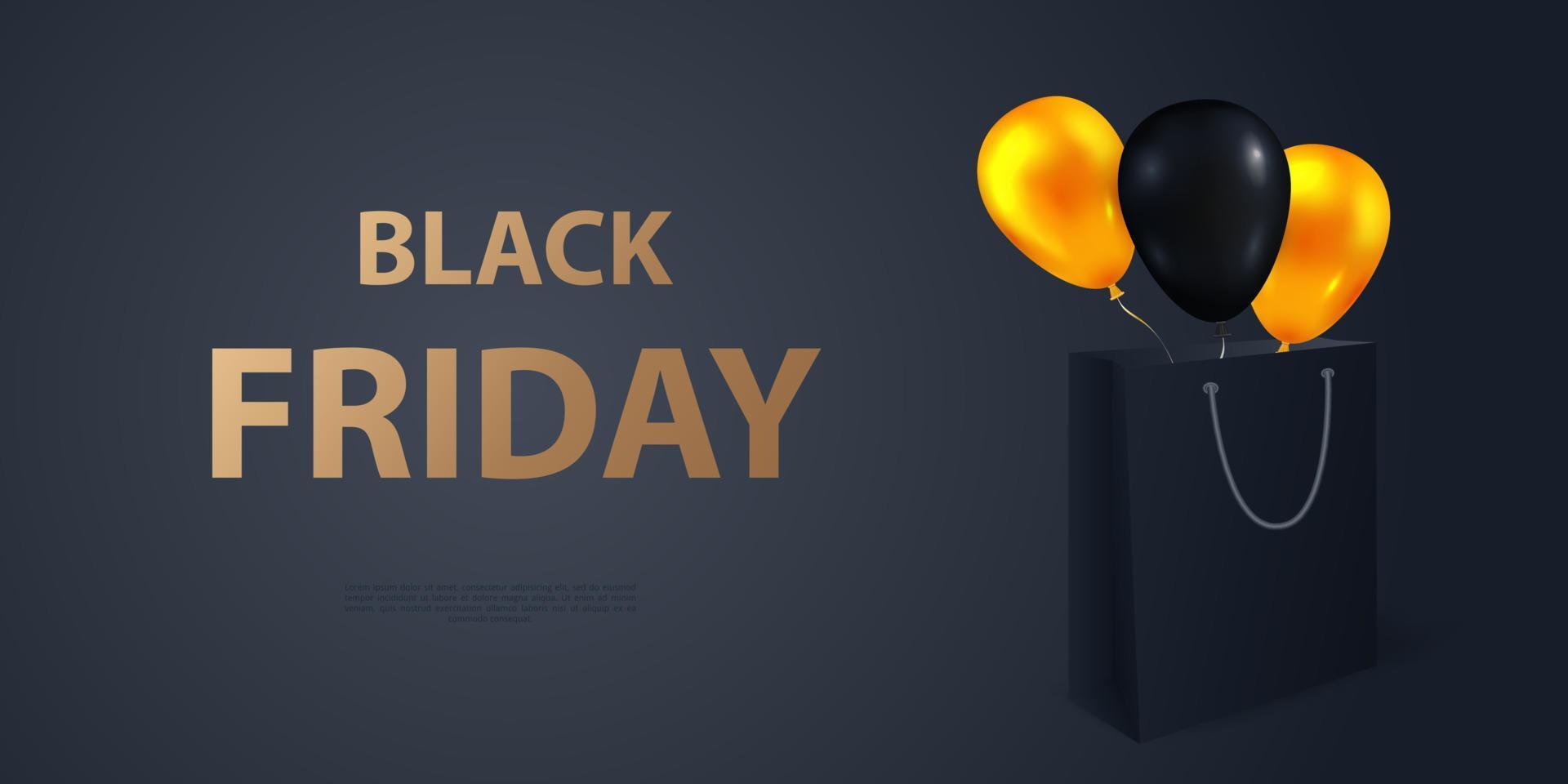 Black Friday website banner. Horizontal poster with 3d realistic paper shopping bag and balloons. Minimal template for advertising, social networks and announcements. Vector illustration