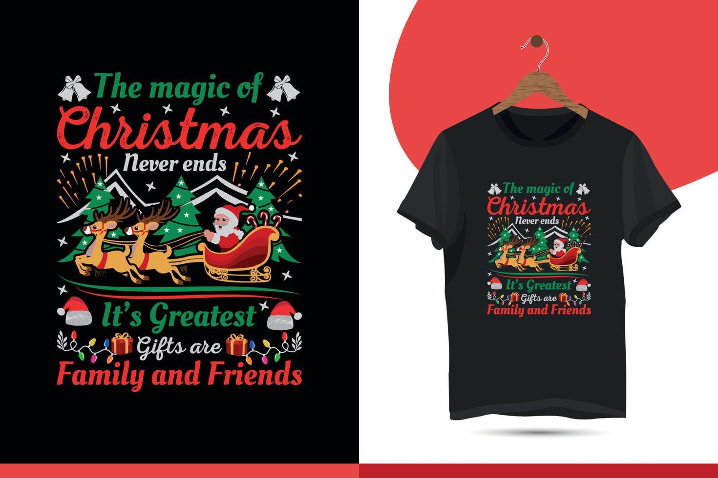 mejor plantilla de diseño de camiseta de vector de Navidad. gráficos de vacaciones de navidad con santa claus, árbol, ciervo, rojo, negro, verde, fondo de artes vectoriales de stock