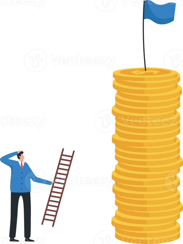 punto de ganancia metas financieras. crecimiento de los ingresos o negocio, organización, empresa. metas a largo, corto y medio plazo. un hombre de negocios sube una escalera para colocar una bandera encima de un montón de monedas. png