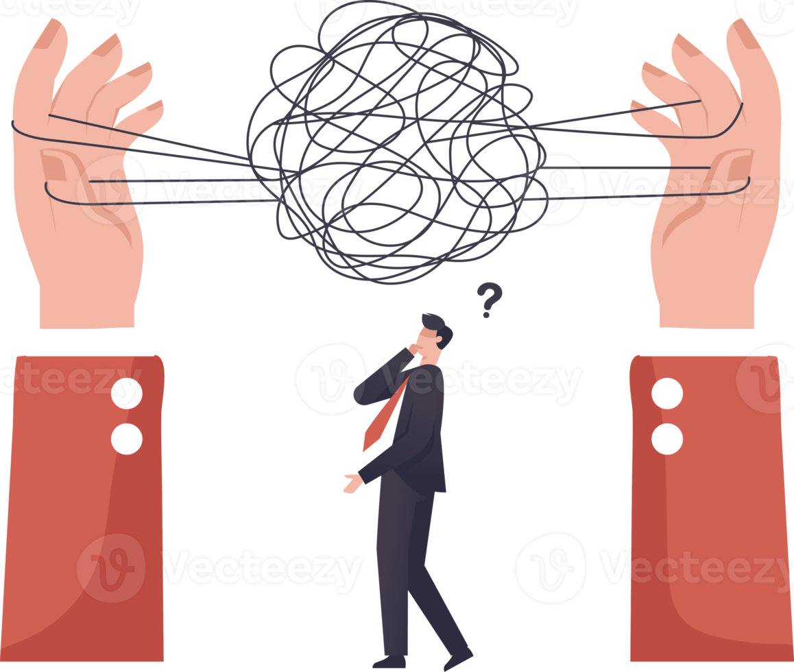 complessità concetto, complesso problema soluzione, attività commerciale uomo pensiero. difficoltà o sfida per superare per raggiungere successo o attività commerciale direzione concetto. illustrazione png