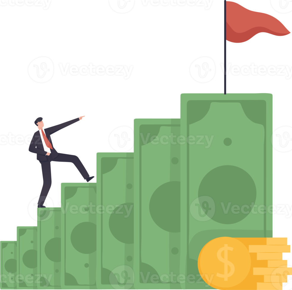 Businessman walking on the money ladder. begin savings to achieve financial goal, power of compound interest. Concept of success and achieving goals. illustration png