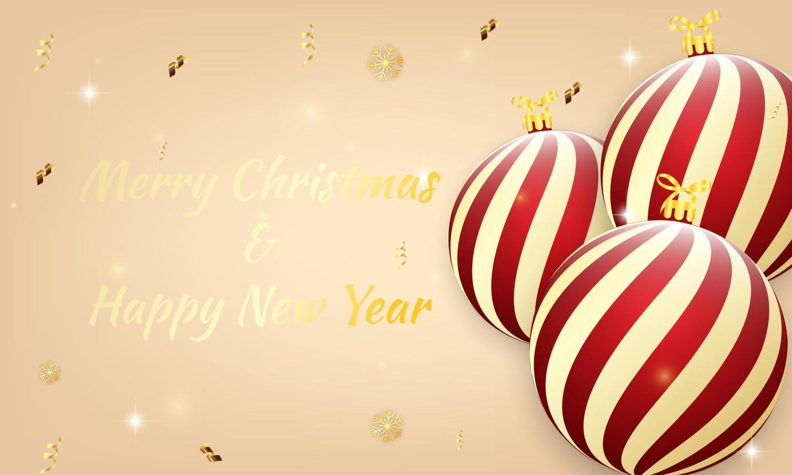 Merry Christmas and happy new year background. Merry Christmas with Christmas balls and confetti. Winter holiday Christmas and new year background. Vector illustration.