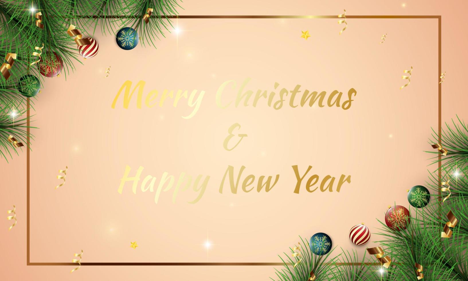 Merry Christmas and happy new year on a red background. Merry Christmas with Christmas balls and fir branches. Winter holiday tree decoration for Christmas and new year Vector illustration.