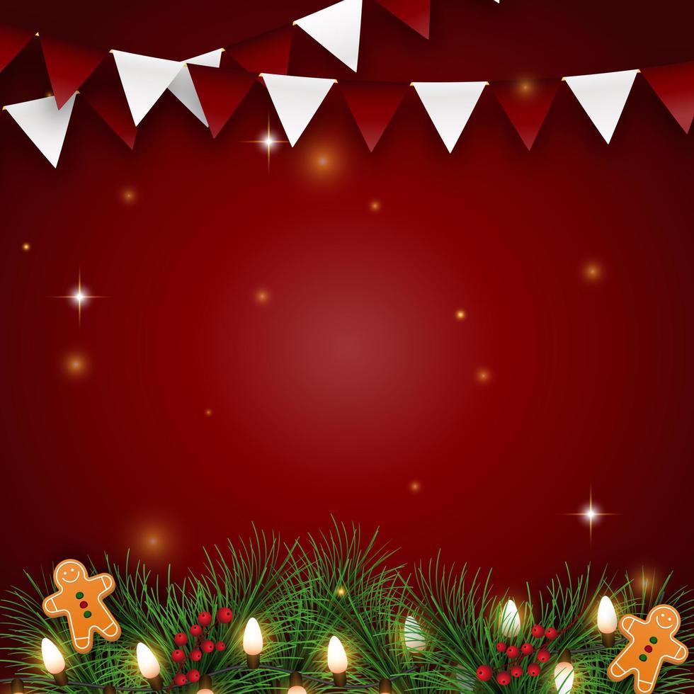 Merry Christmas and happy new year on red background. Merry Christmas with flags party, ginger breadman, garland, fir branches. Winter holiday Christmas and new year background. Vector illustration