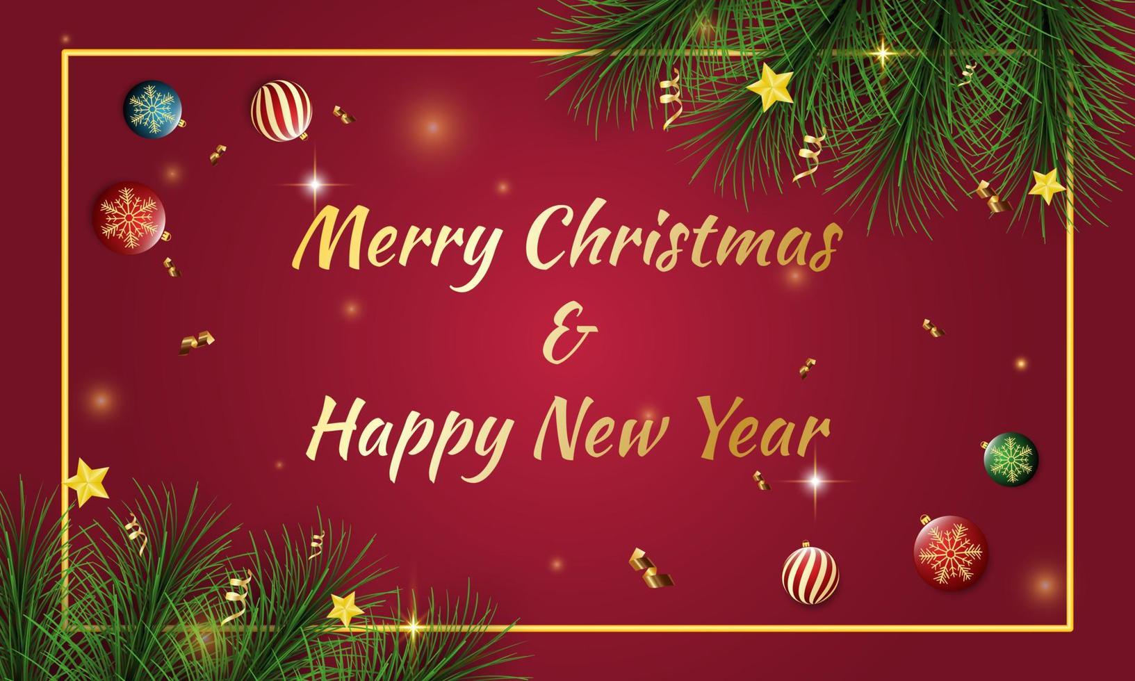 Merry Christmas and happy new year on a red background. Merry Christmas with Christmas balls and fir branches. Winter holiday tree decoration for Christmas and new year Vector illustration.