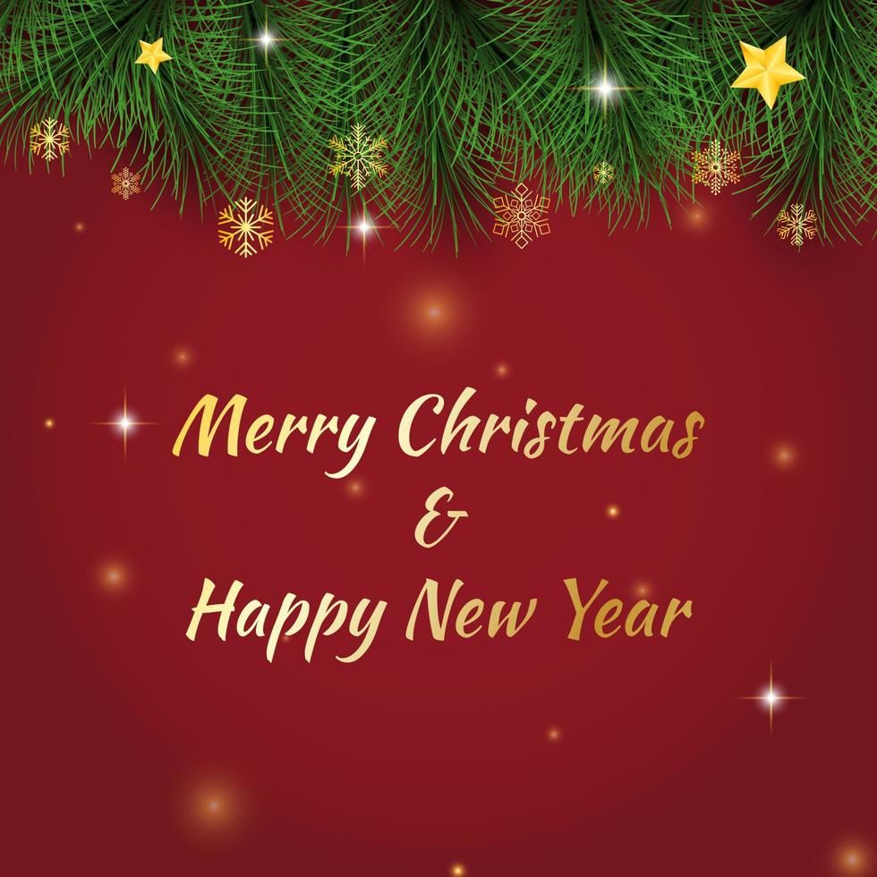 Merry Christmas and happy new year on a red background. Merry Christmas with Christmas balls and snowflakes, fir branches. Winter holiday tree decoration for Christmas and new year Vector illustration