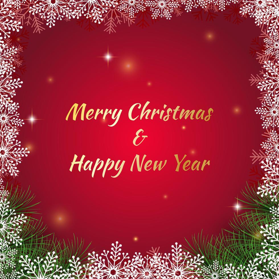 Merry Christmas and happy new year on a red background. Merry Christmas with Christmas balls and snowflakes, fir branches. Winter holiday tree decoration for Christmas and new year Vector illustration