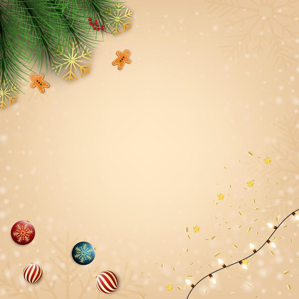 Merry Christmas and happy new year  background. Merry Christmas with Christmas balls and fir branches and lights. Winter holiday Christmas and new year background. Vector illustration.