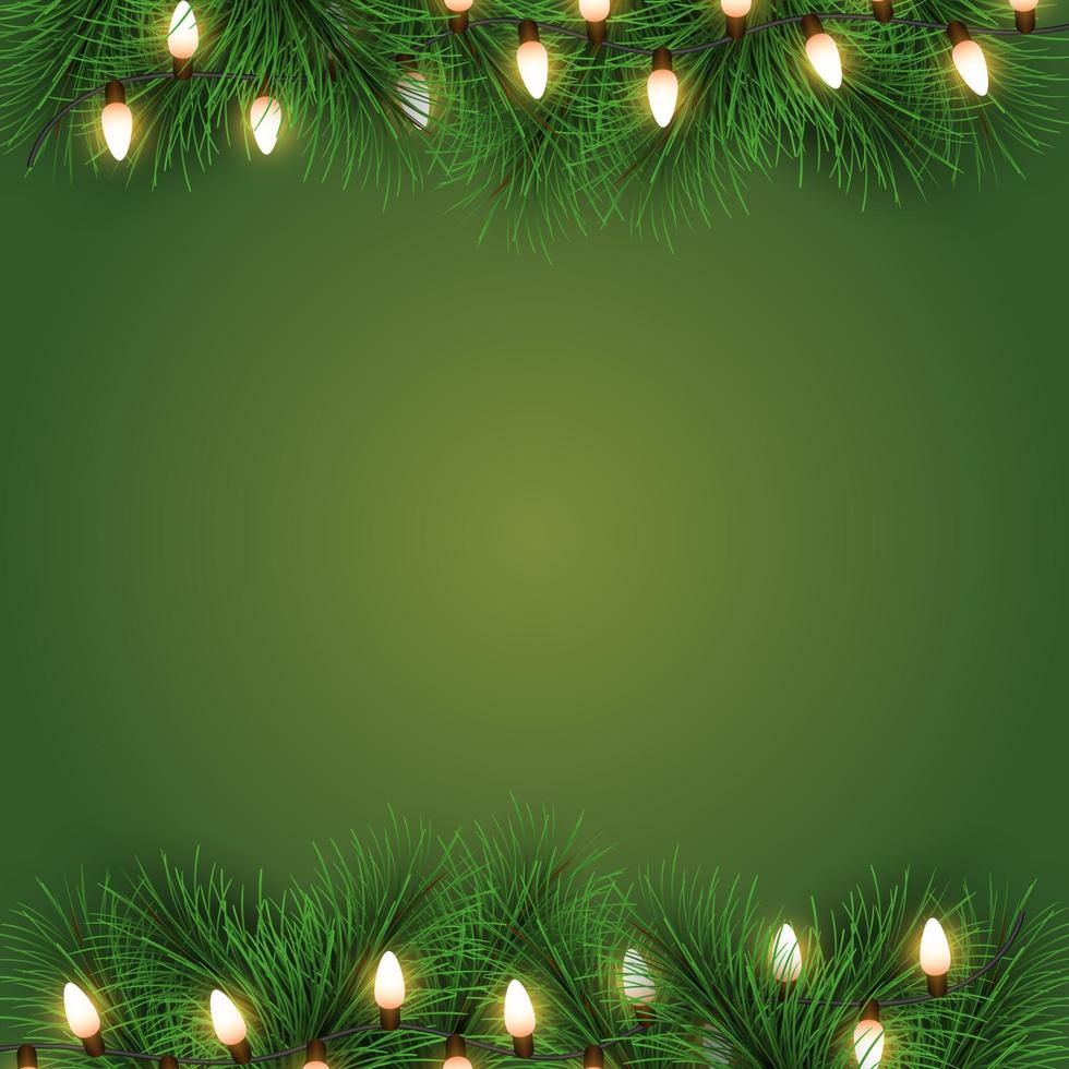 Merry Christmas and happy new year on green background. Merry Christmas with Christmas light and fir branches. Winter holiday for Christmas and new year background. Vector illustration.