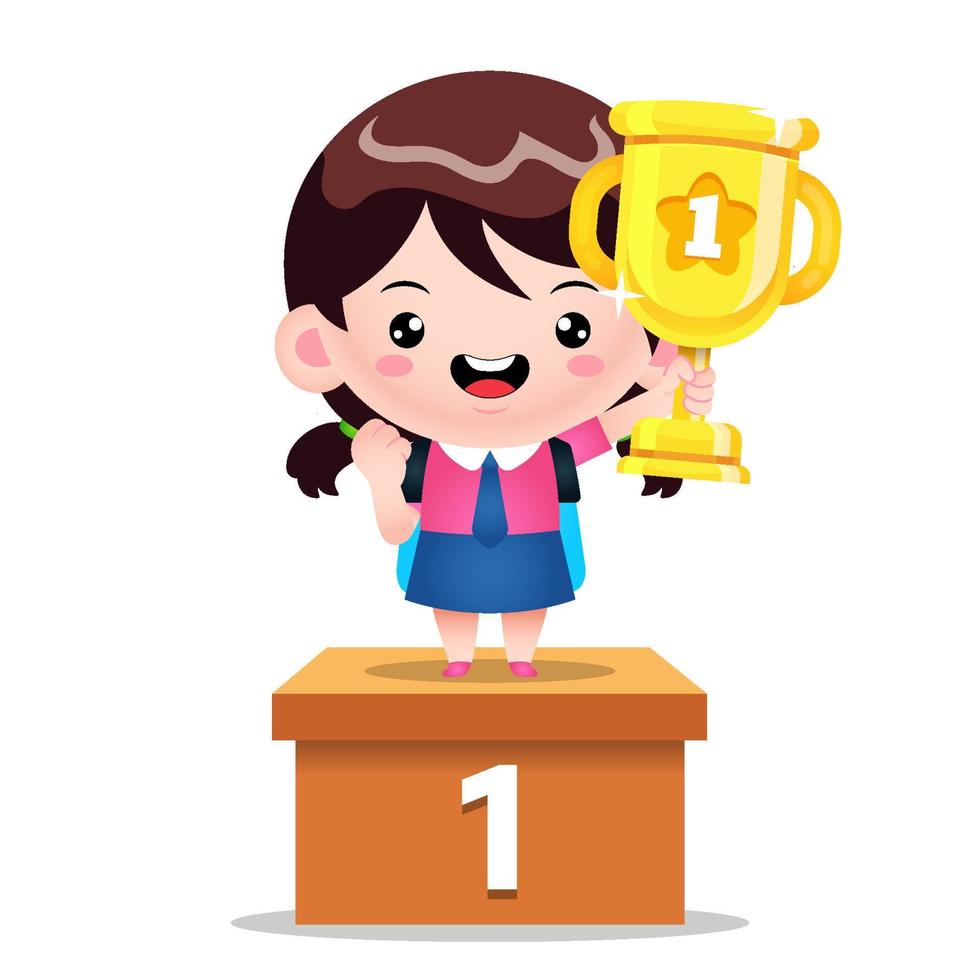 Cute Student Girl Expressing Achievement Winner On Single Podium vector