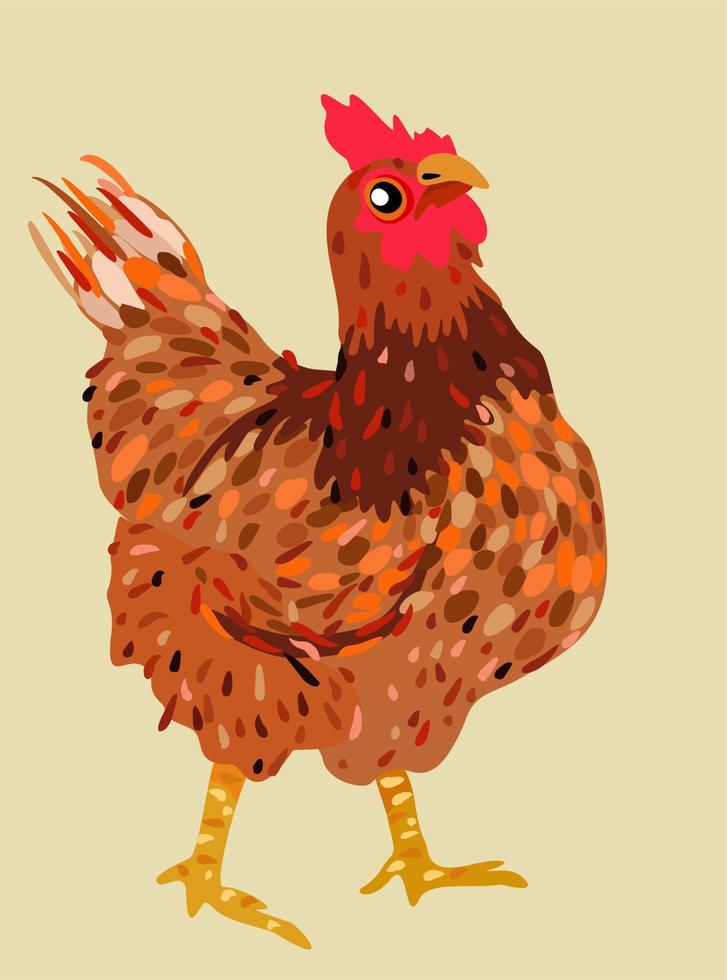 Bright brown hen. Vector illustration on light beige background.