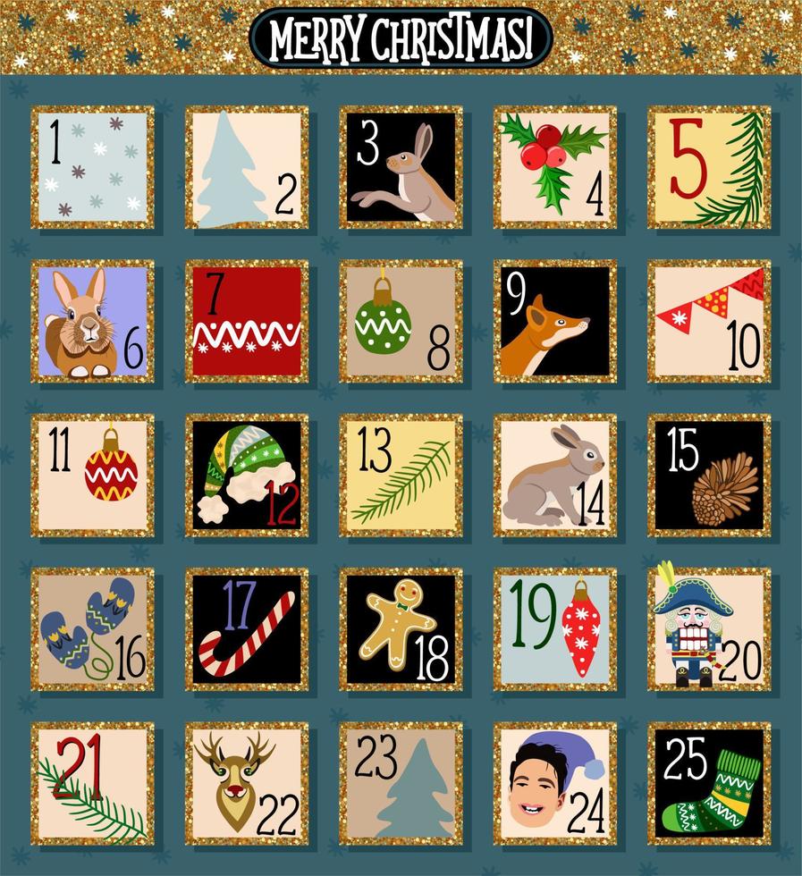 Children christmas advent calendar. Numbers from 1 to 25. Vector illustration with cute gifts for every day of December.