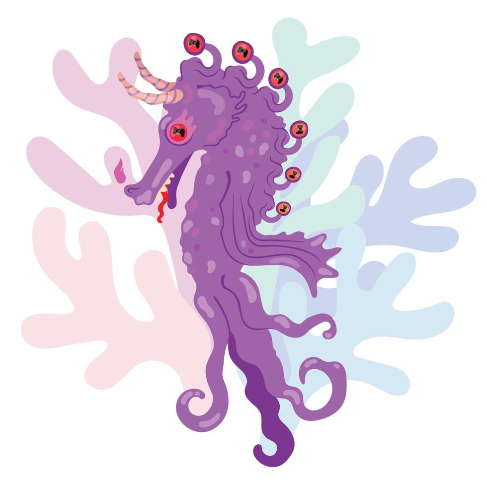 Character monster seahorse with algae. Hand drawn vector illustration. Suitable for stickers, postcards.