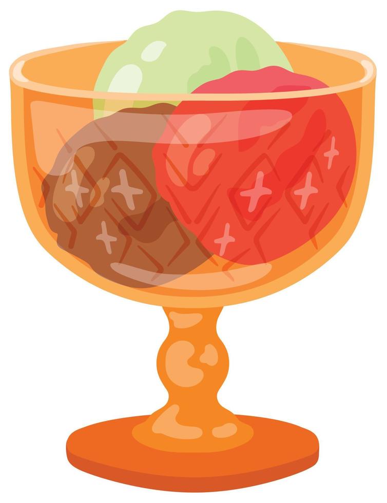 Three balls of ice cream in glass bowl. Hand drawn vector illustration. Suitable for website, stickers, postcards, menu.
