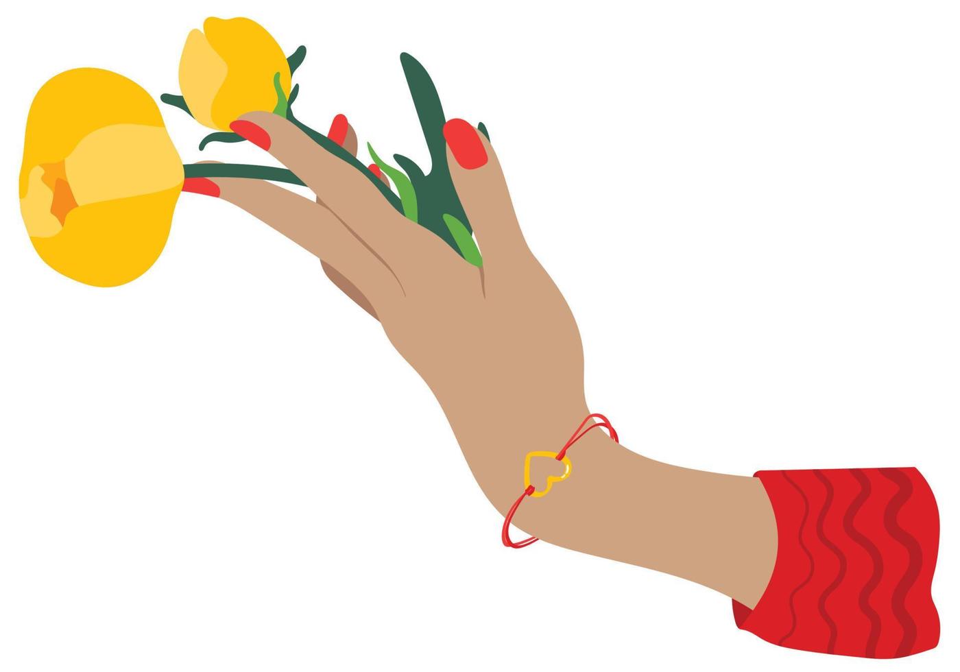 Female hand giving buttercup flower. Suitable for website, stickers, postcards. vector