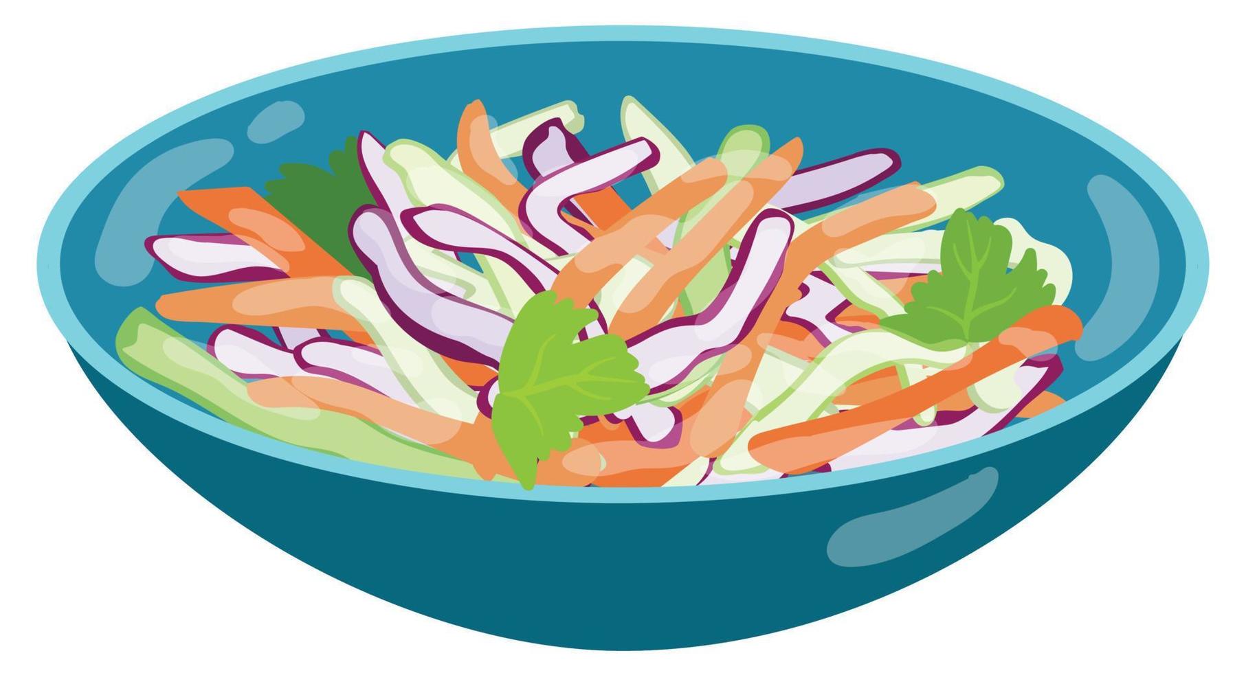 Coleslaw salad on the blue plate. Hand drawn vector illustration. Suitable for website, stickers, postcards, menu.