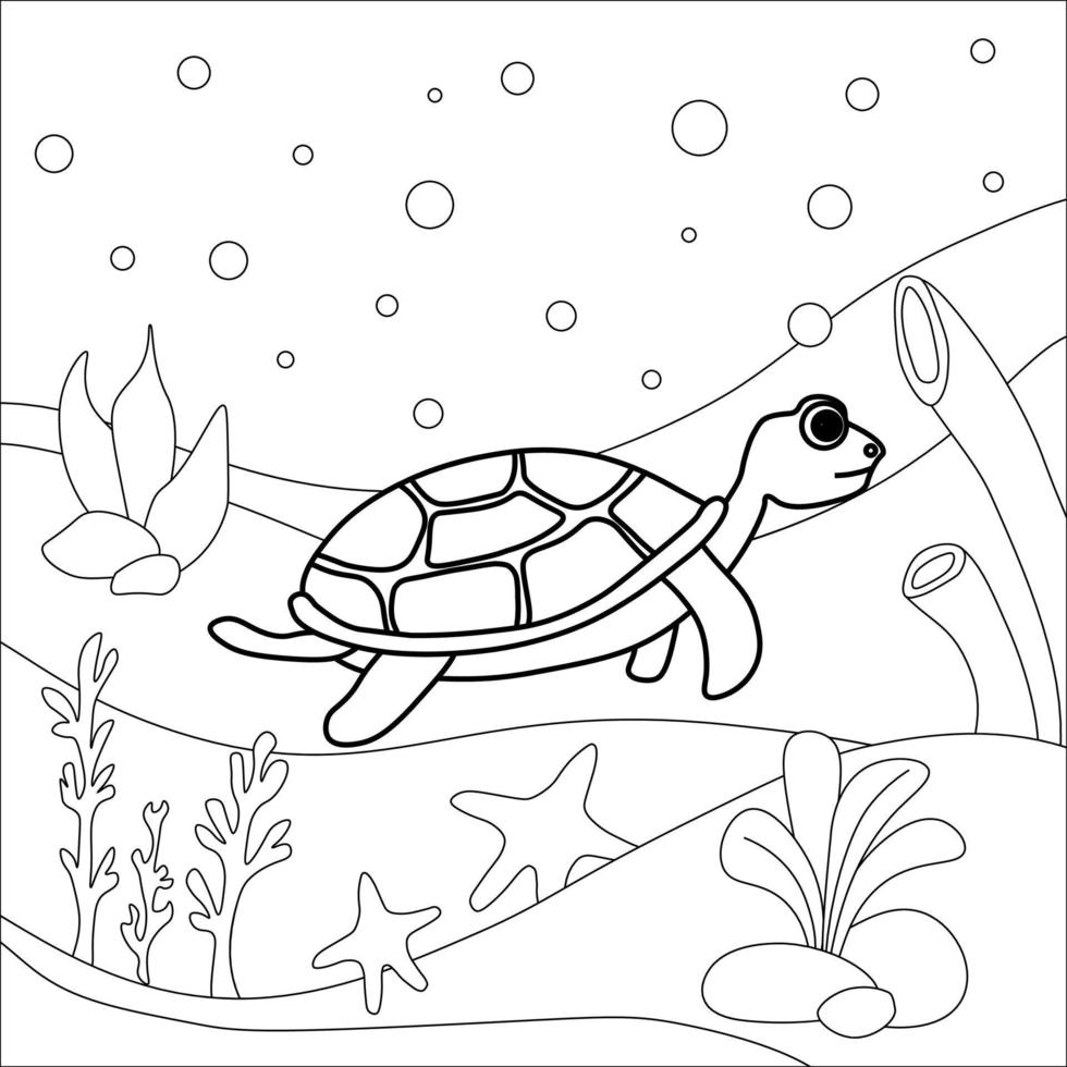 página para colorear sobre el tema del mundo acuático con la imagen de una tortuga vector